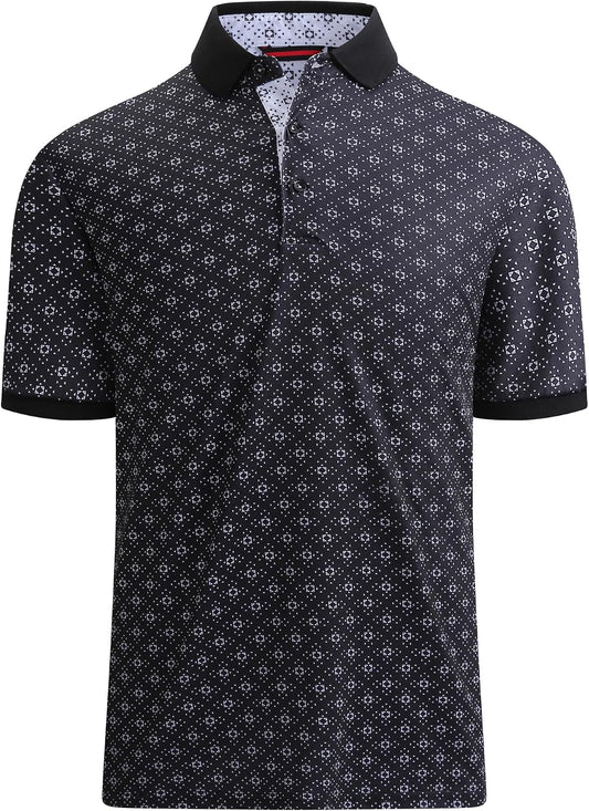 Mens Polo Shirts Short Sleeve Regular Fit Fashion Designed Shirt, Black W/ White Triangle, Large