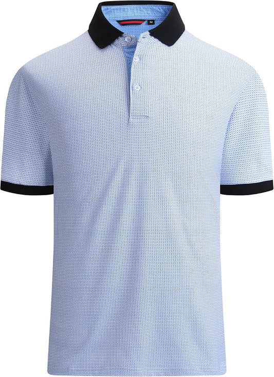 Mens Polo Shirts Short Sleeve Regular Fit Fashion Designed Shirt, White W/ Blue Dots, Small